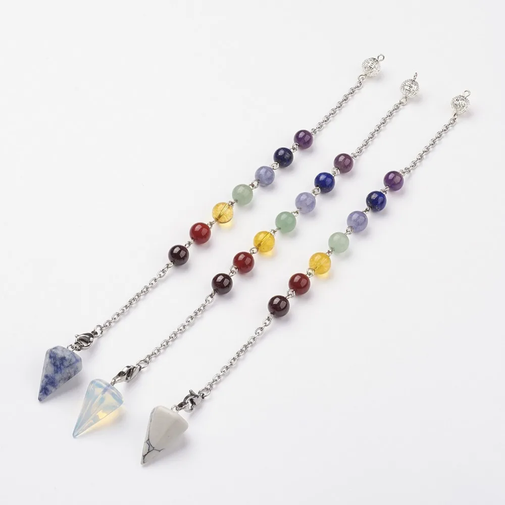 

PandaHall Mixed Stone Chakra Dowsing Pendulum Pendants with Brass Filigree Beads 304 Stainless Steel Cross Chains and Eyepins