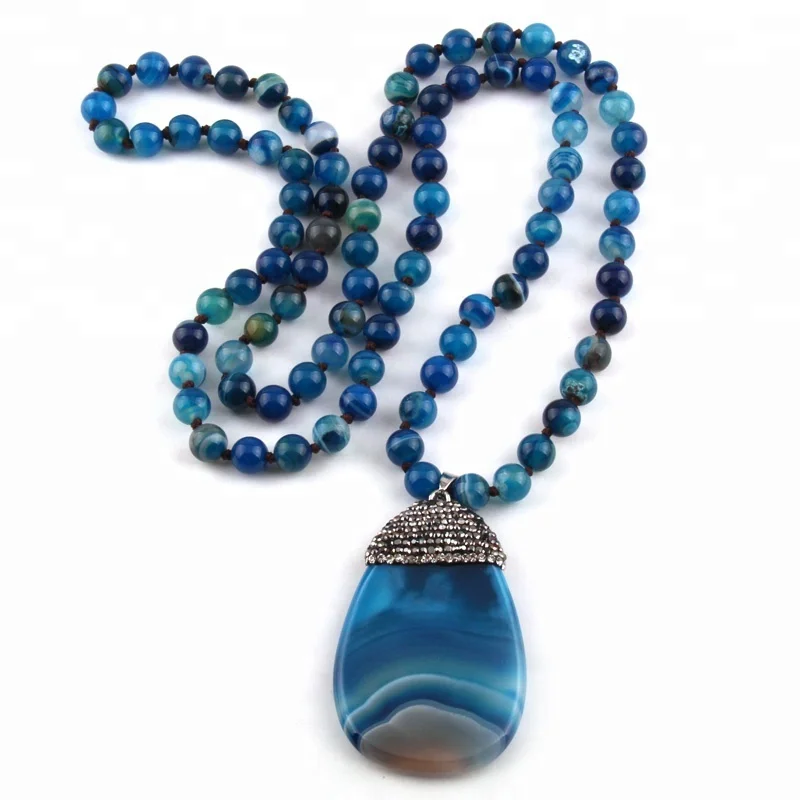 

Fashion 8mm Blue Stripe Stones Long Knotted With Crystal Paved Stone Necklace Pendant Charm Necklace jewelry