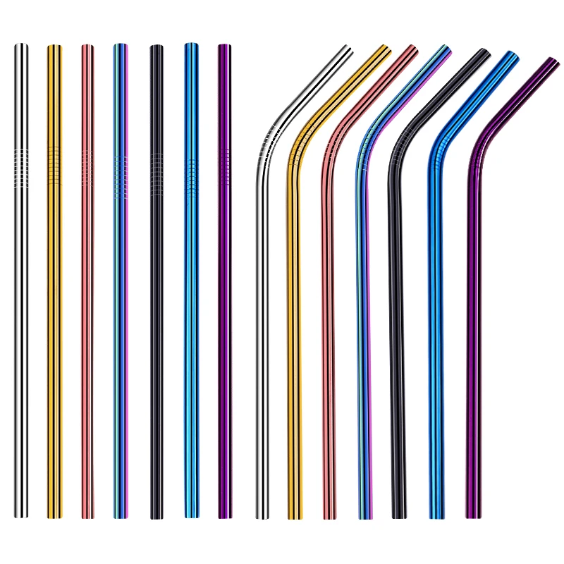 

267*6mm 30oz Colorful Gold Straight Bent Reusable Eco-Friendly Edible Safety F304 Stainless Steel Metal Drinking Straws Set