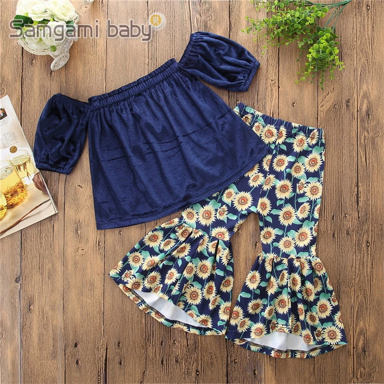 

18902 children's wear ins summer girls print one shoulder shirt and sunflower bell bottom pants 2 pieces sets, Blue