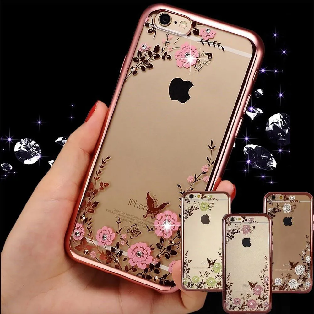 China wholesale diamond bling eletroplate soft tpu transparent butterfly flower design phone case cover for iPhone 6s 7 8 Plus