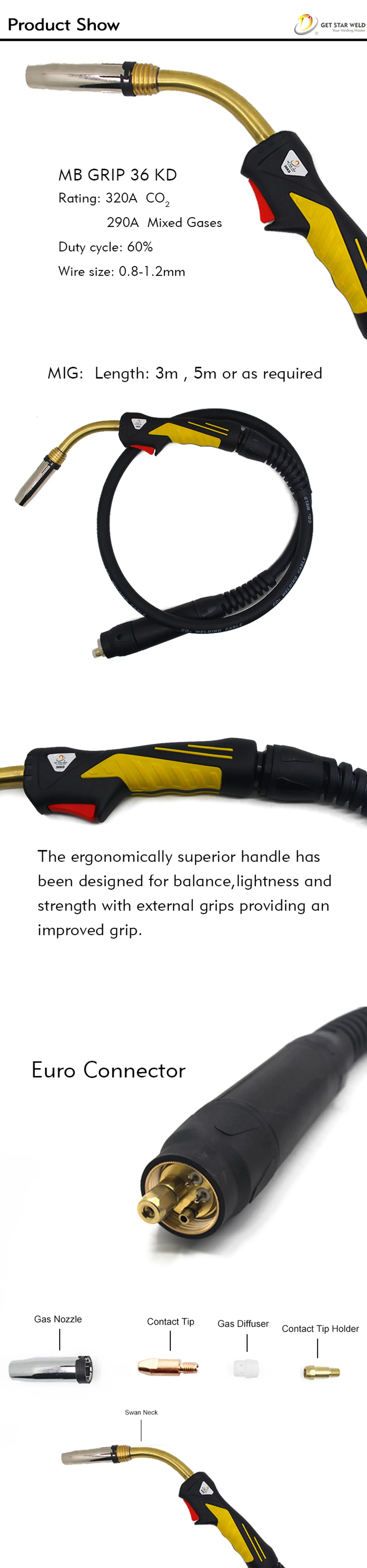 Get Star Weld Gas Shielded Co2 Euro Adaptor Air Cooled 36kd Welding