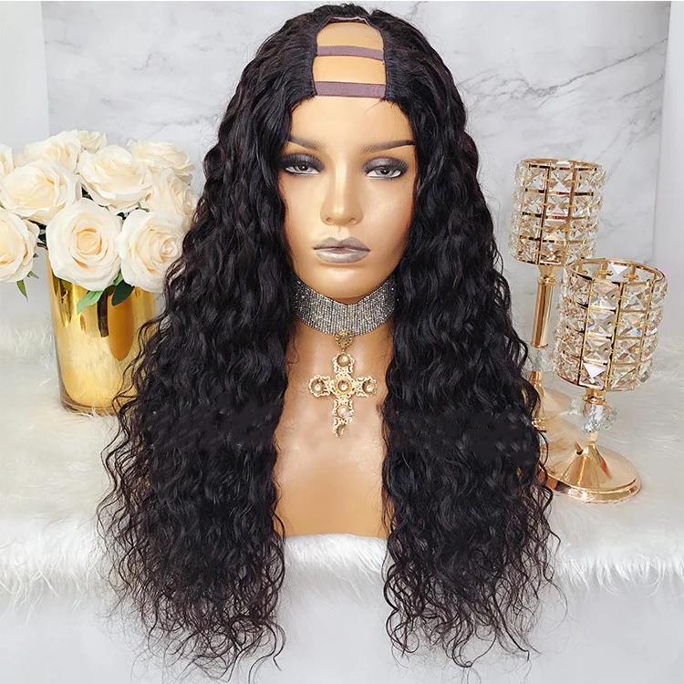 

Cuticle Aligned Long Water Wave Black Color Virgin Brazilian Human Hair U Part Wig