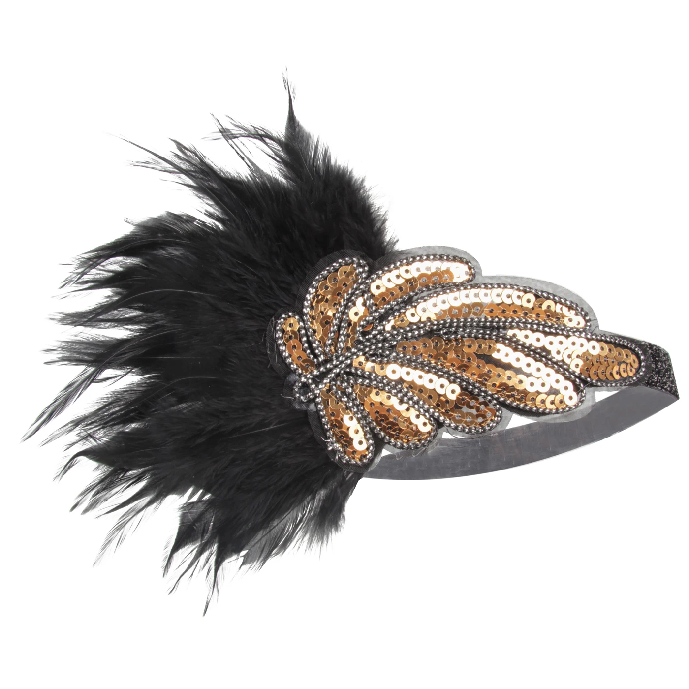 

Vintage 1920s Headband Golden Sequins Elastic for Women 20s Headpiece with Feather, Golden sequins,black feather