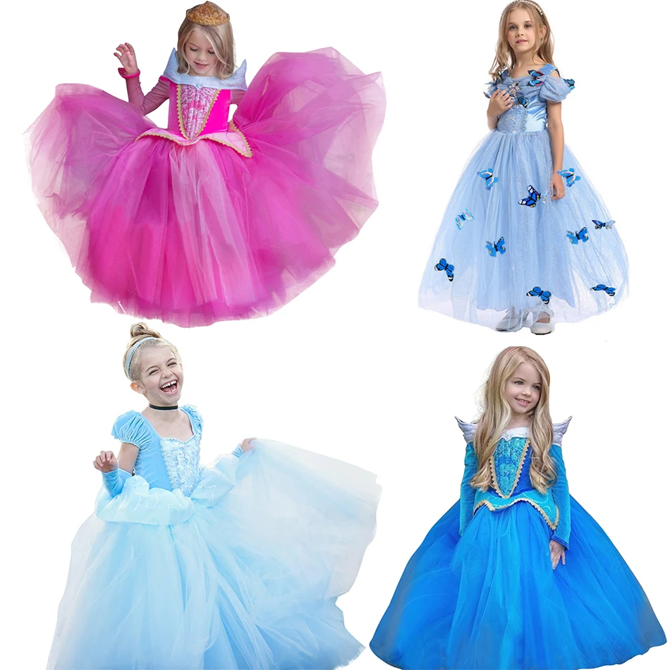 

Girl Princess Dress up Costume Aurora Cinderella Belle Rapunzel Jasmine Sleeping Beauty Dresses Child Kids Party Halloween Fancy, As picture