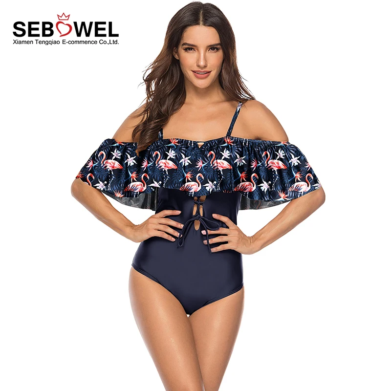 

Hot Sale Cold Shoulder Floral Print Women One Piece Swimsuit Sexy, Navy;multicolor;orange;green black