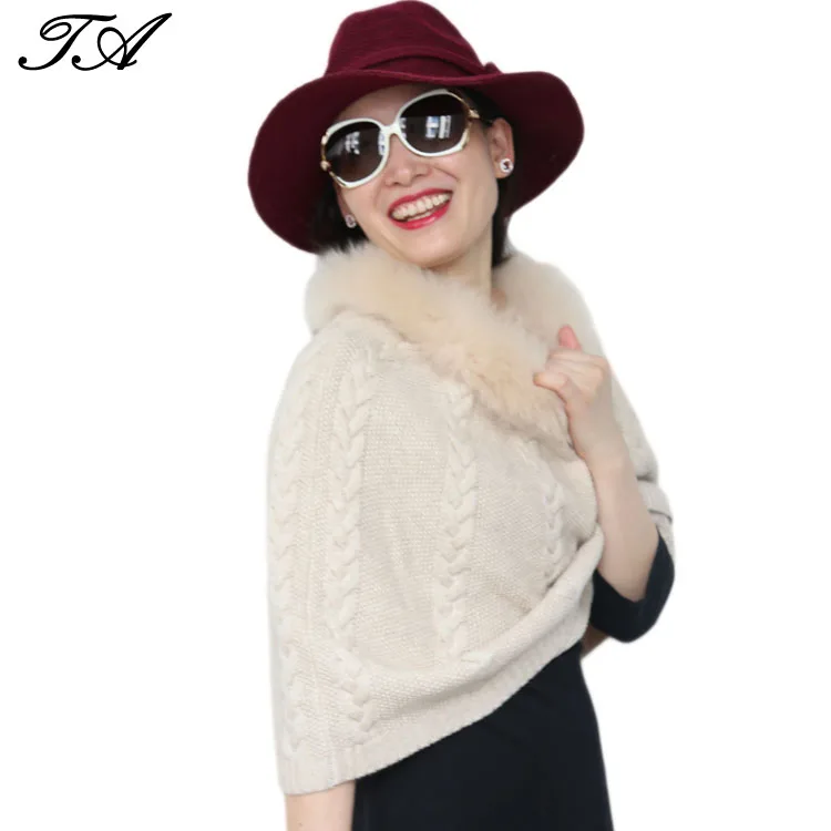 

Girly Style Fox Fur Neck Trim Wool Blended Cabel Stitch Knit Short 2018 Poncho By Wool For Winter Warm