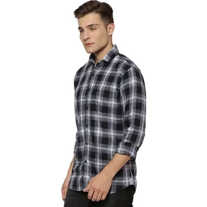 India trendy long sleeve black men plaid t shirt design with button