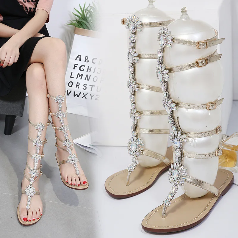 

summer latest design women sandals stylish 2019 flat ladies high gladiator sandals, Gold and blue