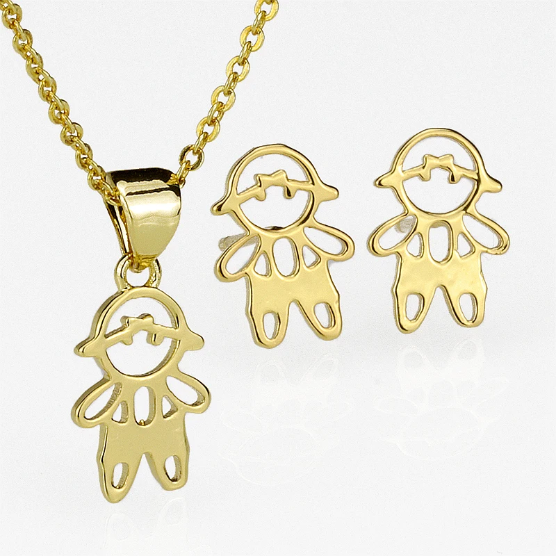 Children's Little Boy Glossy Pendant Necklace Stud Earrings Jewelry Set