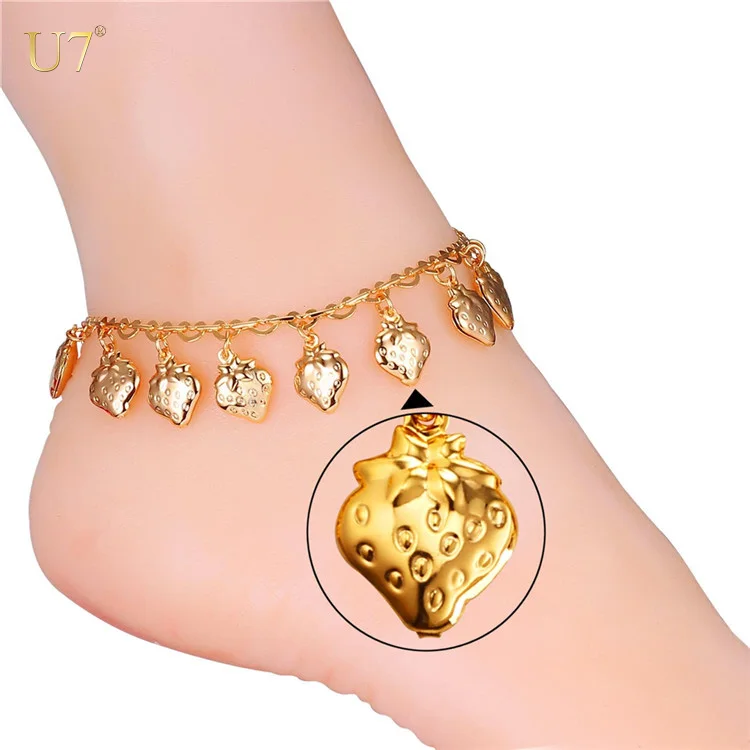 

U7 Summer Beach Foot Jewelry golden /Platinum Plated Wholesale Little Strawberry anklet for women jewelry, Gold/silver color