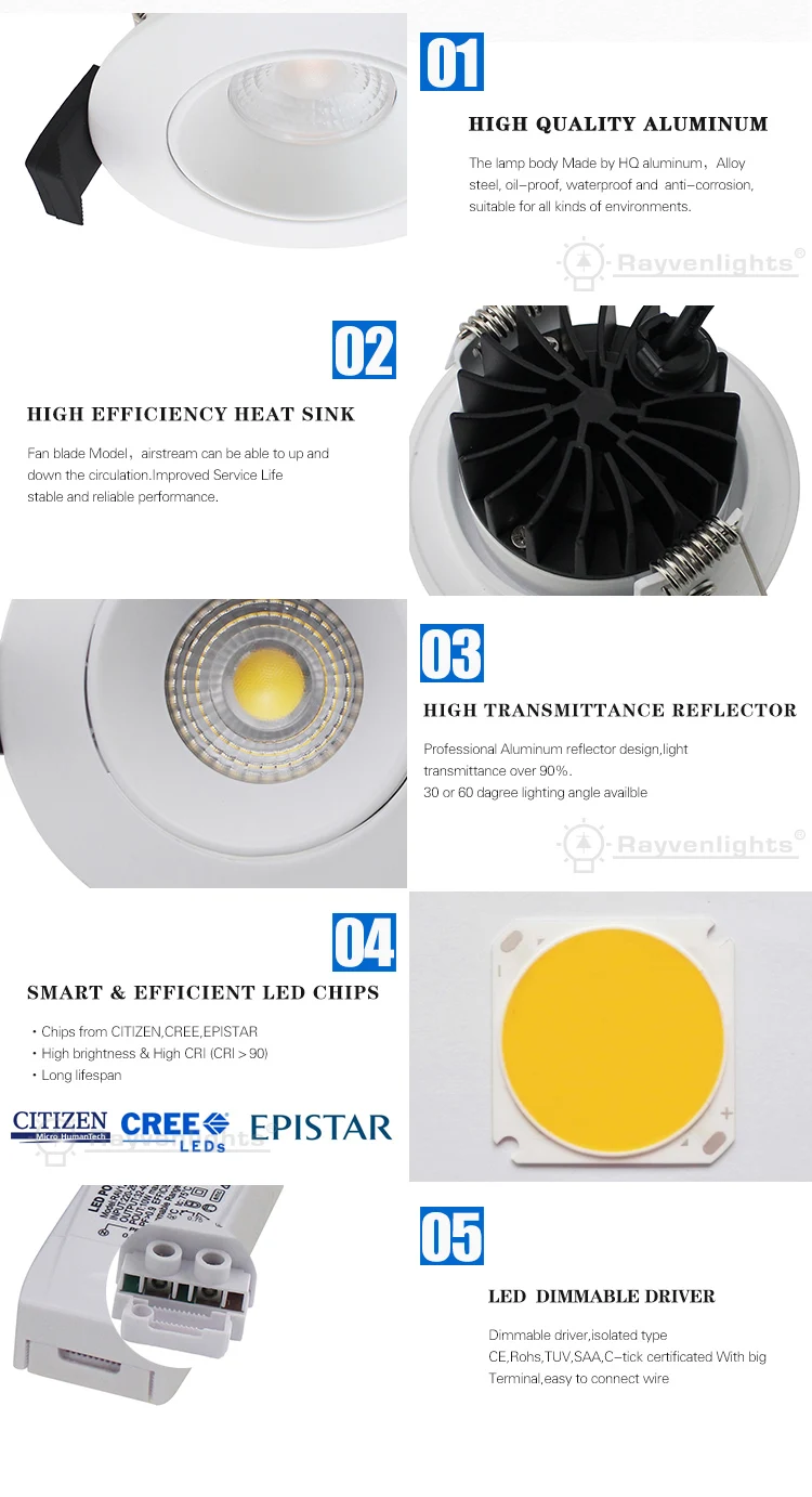 Adjustable led light UGR<16 commercial lighting 5w 7w recessed downlights with CE,SAA,RoHS