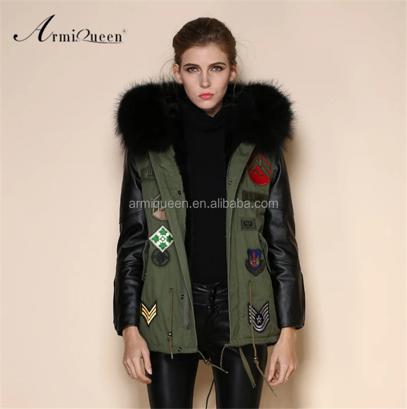 

New Patch Designs Military Green Faux Fur Lining Short Winter Jacket, Womens Fake Fur Parka Coat 2017, Picture and customized;black;army green