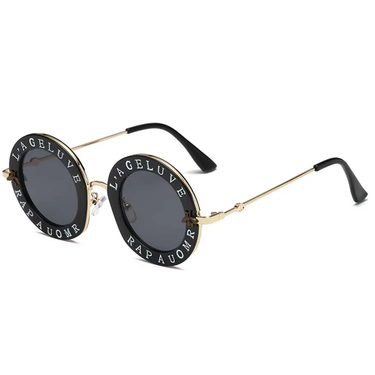 

Fashion Round Frame Bee Decoration Lunettes de Soleil Black Lens with Gold Frame Vintage Retro Sunglasses, As the picture shows