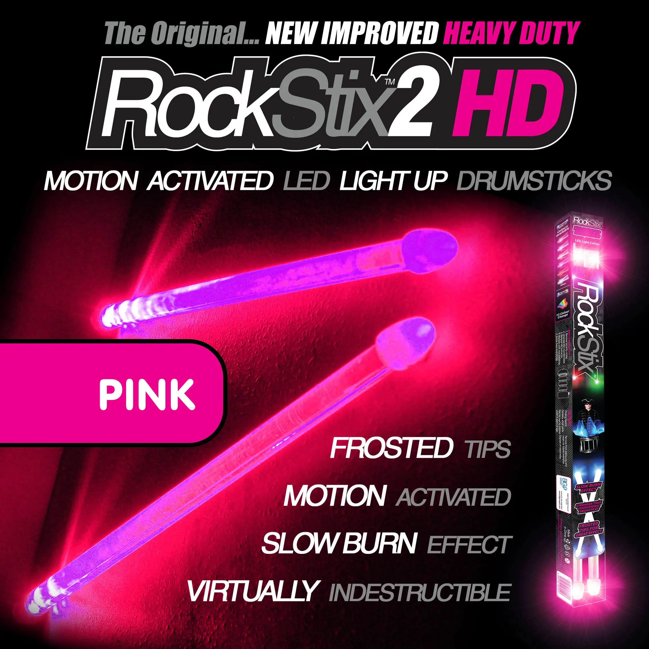 ROCKSTIX 2 HD HOT PINK, BRIGHT LED LIGHT UP DRUMSTICKS, with fade effect, Set your gig on fire! (PINK ROCKSTIX)