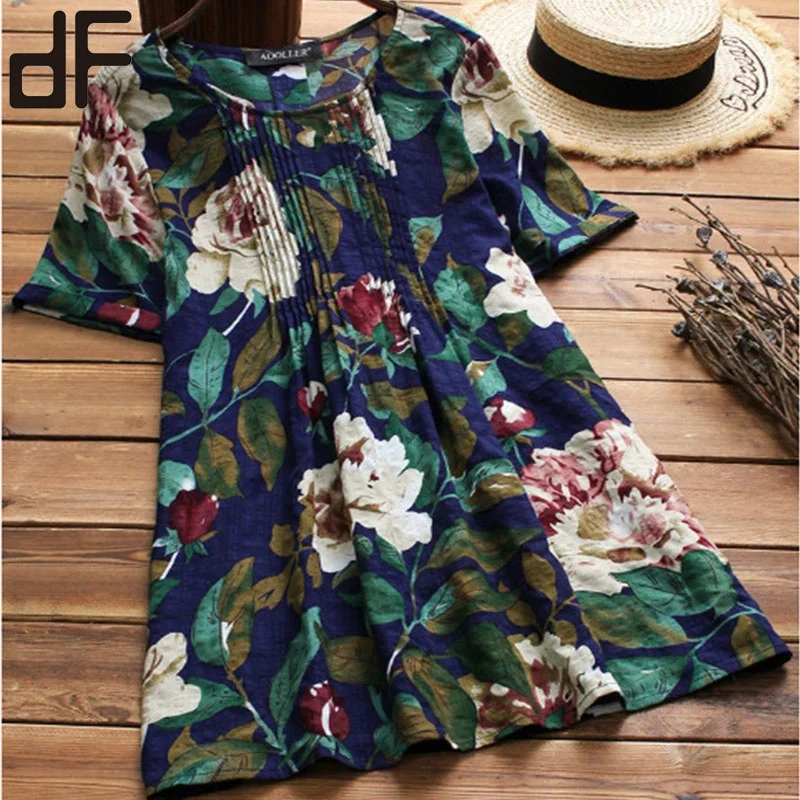 

wholesale plus size new style fashion ladies wear round neck short sleeve floral printed summer cotton linen blouses for women, Blue,red