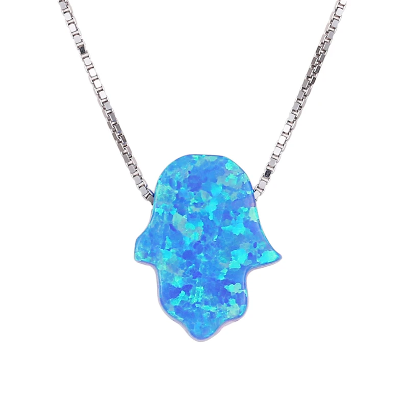 

Wholesale 925 silver chain semi-precious stone fashion jewelry bisuteria charm hamsa hand necklace pendant opal necklace women, Blue, pink