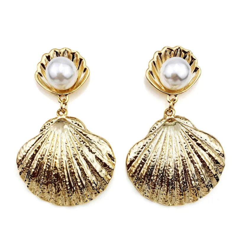 

Big Fan Trendy Imitation Pearl Metal Shell Stud Earrings For Women Charm Jewelry Beach Boho Drop Earrings Statement Pendientes, Gold;silver