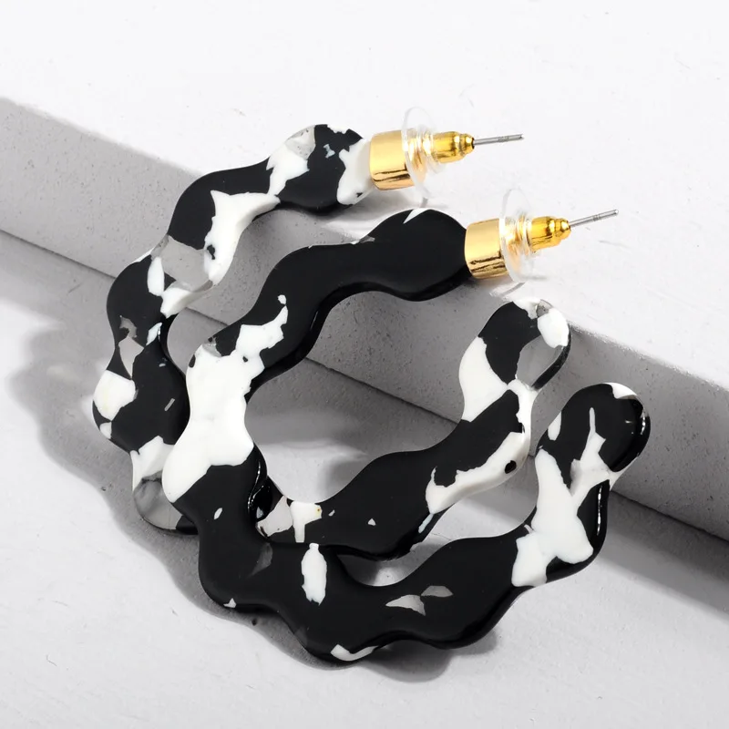 

European and American hot style acetate plate white shell pattern wavy alloy hat ear ring acrylic large C-shaped earrings, Brown,white,black,ivory