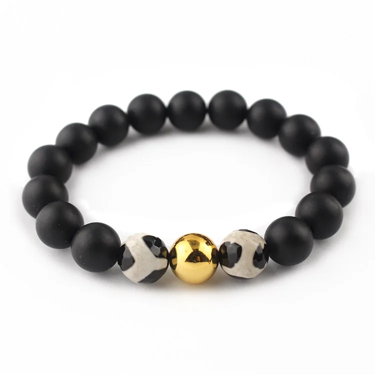 

BN1044 Hotsale Black Matte Onyx Bracelet,Tibetan Agate Bead with Gold Focal Bead Bracelet, Black & gold