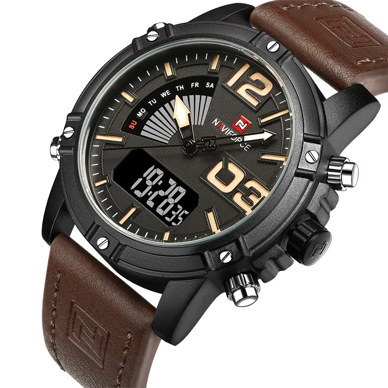 

Hot Sell NAVIFORCE 9095 Watch Casual Waterproof Leather Watches Men Wrist Digital LED Dual Time Wristwatches, 5-color