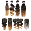 Ombre Peruvian Brazilian Malaysian Indian Deep Body Wave Kinky Curly Straight Human Hair 3 Bundles With Lace Frontal Closure