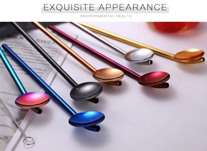 Wholesale Colored Reusable Metal Drinking Straw Spoon 304 Stainless
