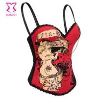 

Burlesque Women Pin-Up Body Shaper Prints & Studded Rhinestone Cotton Bustier Sexy Corset Top with Straps Espartilhos E Corpetes