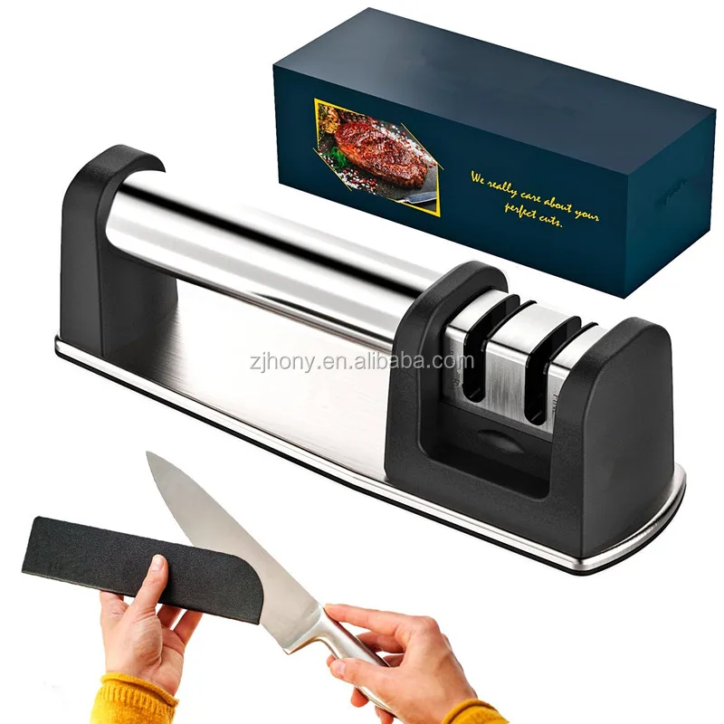 2 Stage Knife Sharpener, Safe Kitchen Knife Sharpeners Handle for Straight  and Serrated Knives Diamond Coated Quickly, Safe and Easy to Use