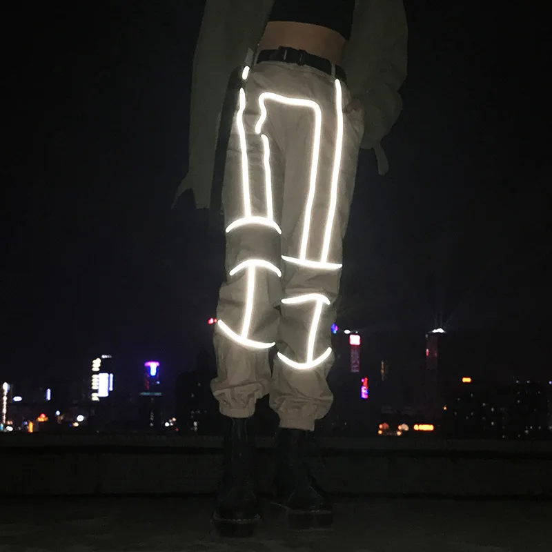 

Women Casual Loose Pants with Reflective Strips, As picture