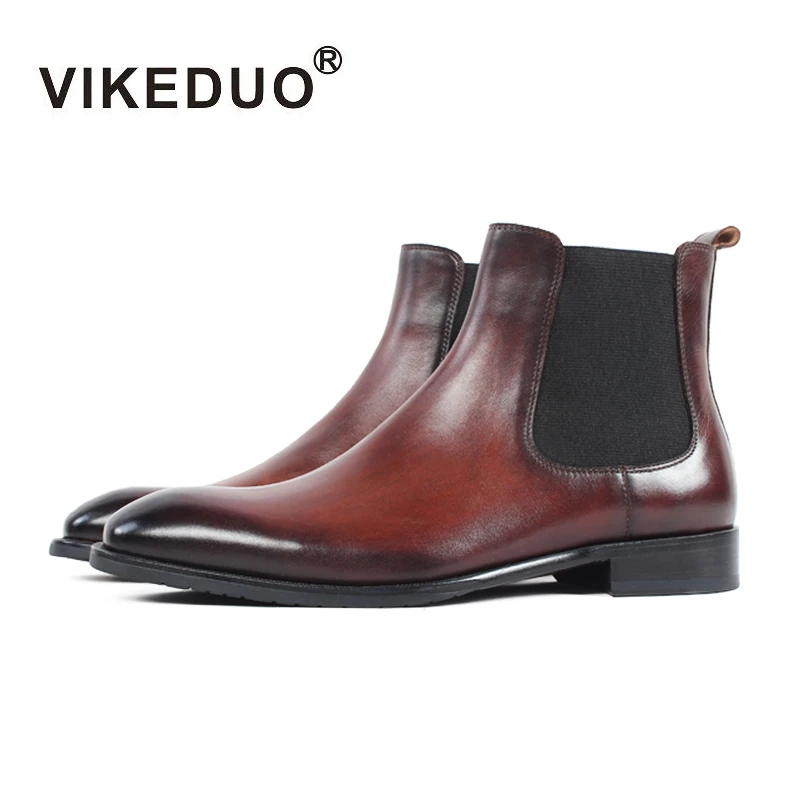 

VIKEDUO American Style Dyeing Colors Dress Shoes Genuine Leather Ankle Winter Chelsea Boots Men Handmade, Brown