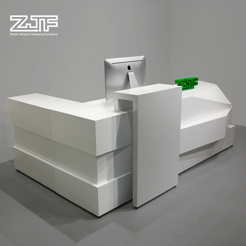 
8ft modern white lacquered reception counter L shaped beauty salon wooden reception desk 