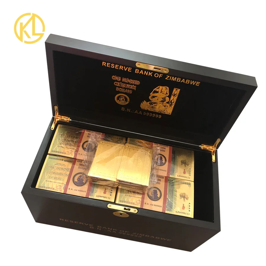 

wholesale 1200pcs for a box One Hundred Trillion/Quintillion Dollars Zimbabwe Gold Banknote in wooden box with certificates