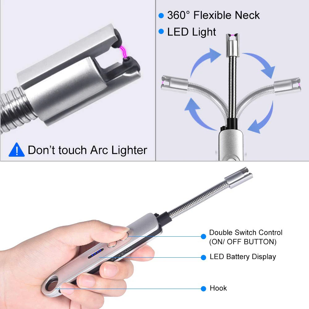 Homate Candle Lighter, USB Rechargeable Lighter with a Hook for Handy Storage, Multi-purpose Electronic Arc Lighter