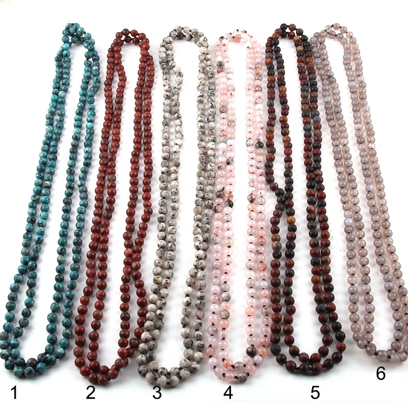 

6mm Long Handmade Knotted Natural Stone Necklace Statement Women Necklace, 19 color