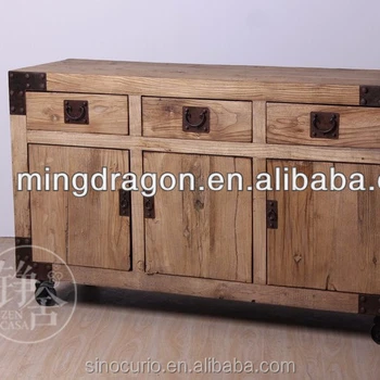 Chinese Antique Natural Reclaimed Teak Wood Iron Sideboard Cabinet