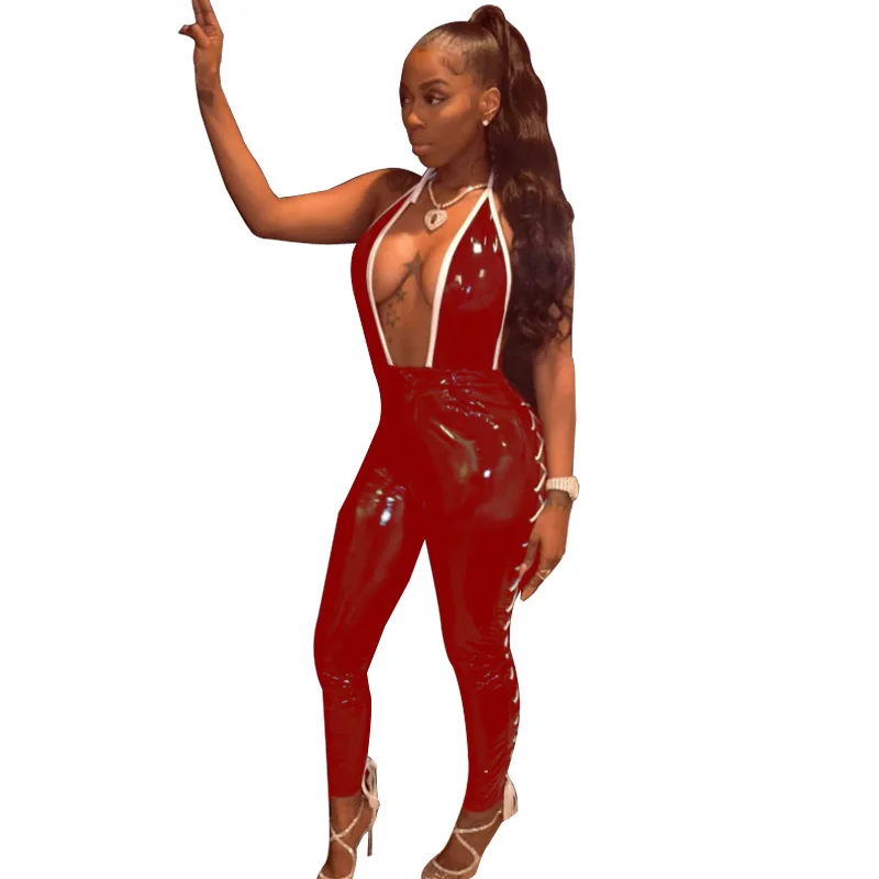 Deep V Neck Backless Hot Sexy Party&Club Bodysuit Women Halter Double Side Cross Lace Up Overall Solid PU Skinny Jumpsuit EM2565