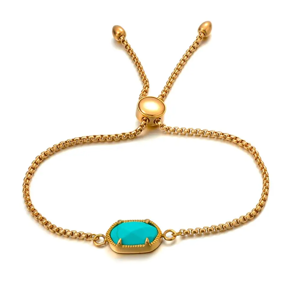 Fashion Jewelry Women Turquoise Stone Charm Gold Chain Adjustable Bracelet