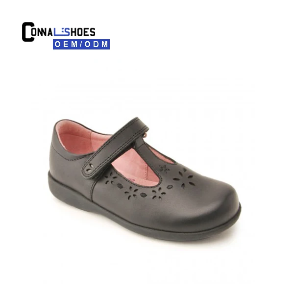 

Connal children OEM T-strape primary Black micrifober leather teenage girls school shoes, As customer request