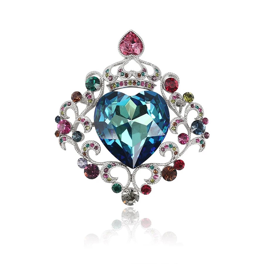 00039 xuping fashion colorful crown heart shaped brooch made with crystals from Swarovski for wedding in bulk