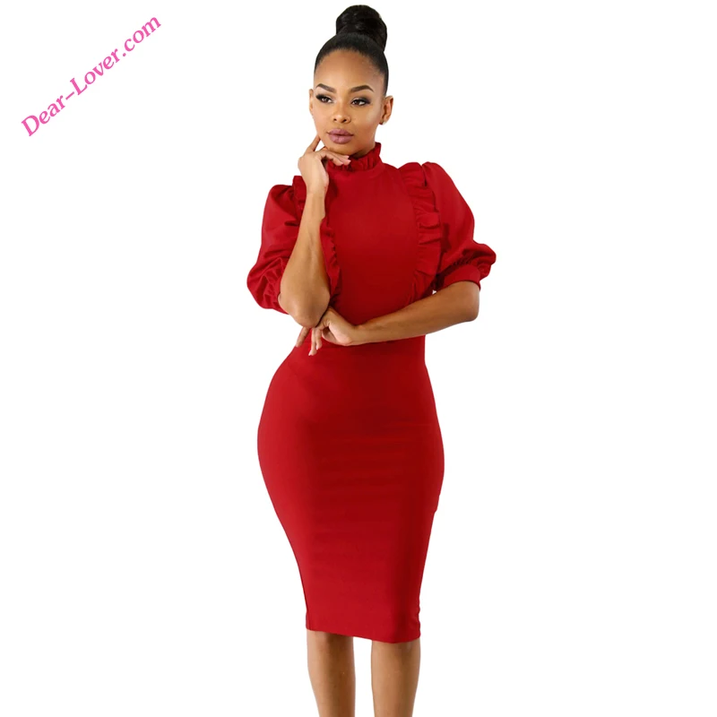 

Red Ruffle High Neck Lantern Sleeve Lady Party Dress Designs, As shown