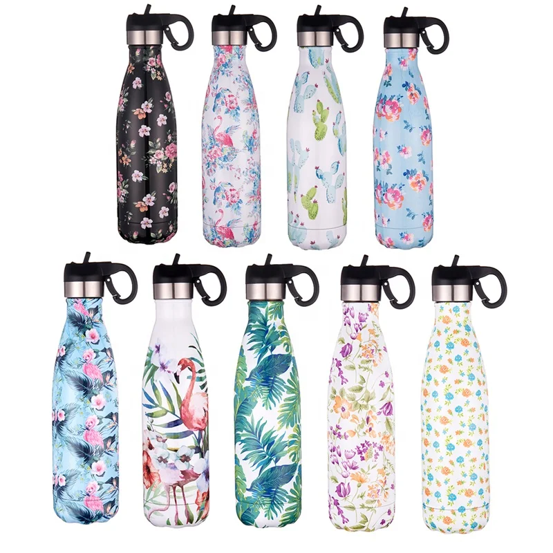 

Shopify Drop Shipping Creative custom flower printing insulated stainless steel sport water bottle with straw and handle, Solid, rubber paint, wood grain, marble grain, starry sky