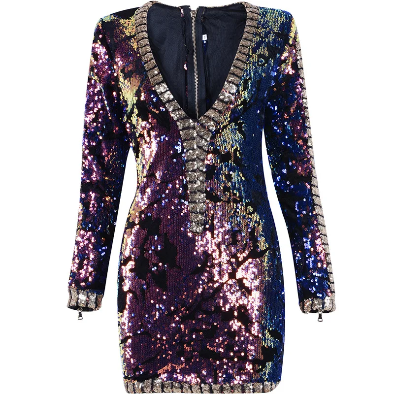 

Designer Inspired Party Dress Women's Long Sleeve Sequined Beading Dress Night Dress V neck Runway Bling Wholesale Clothing, Blue