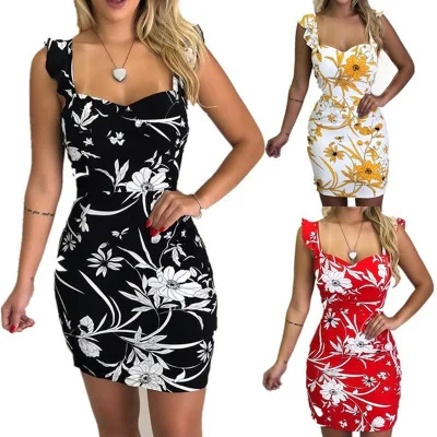 

Women's Fashion Summer Sleeveless Floral Print Backless Dress Package Hip Dress size xxxxxxl, As shown