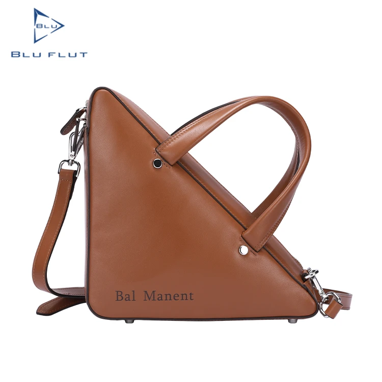 

High quality full grain leather ladies bag, genuine leather handbag women, triangle mini tote bags female, Brown
