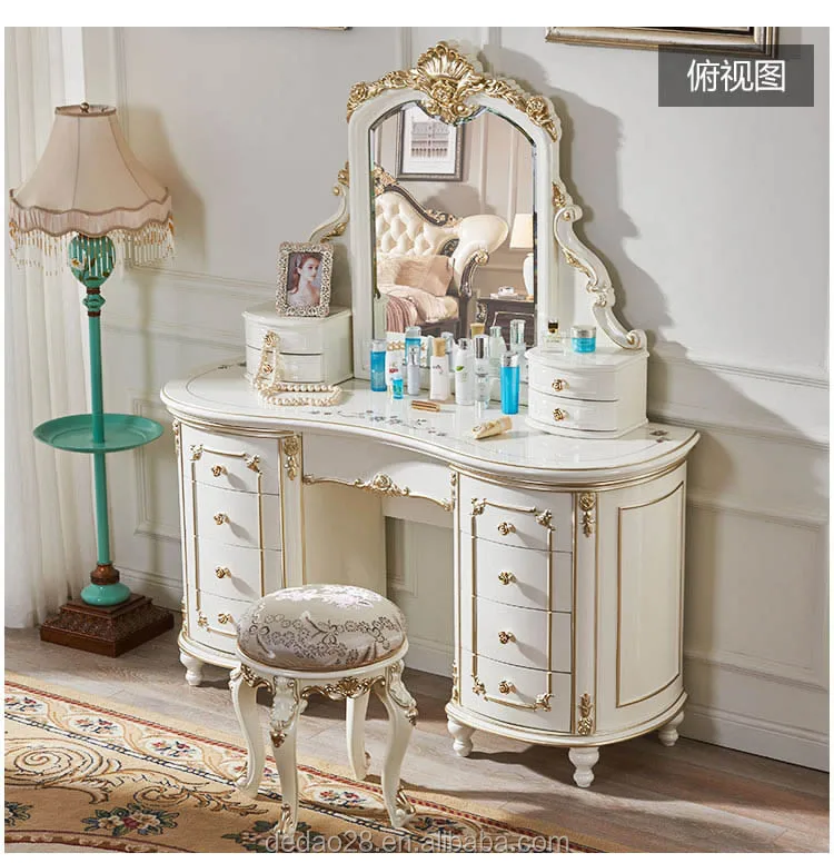 Palace Princess Desser and Stool Wood Carved Dressing Table and Chair