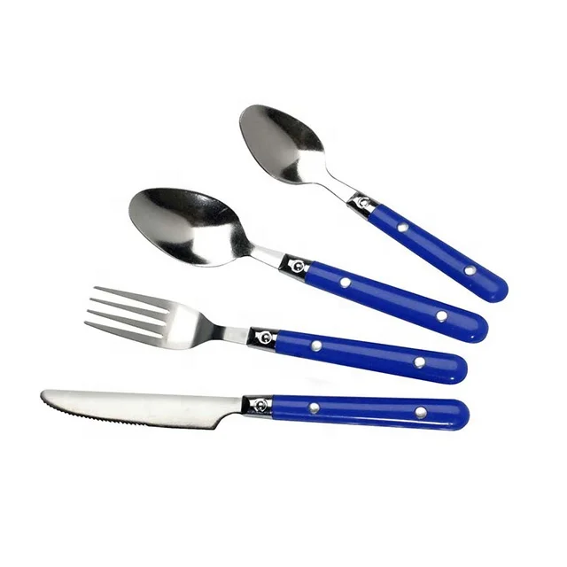 

Wholesale Elegant Travel Silverware Stainless Steel Flatware Set Plastic Handle Cutlery Spoon Fork and Steak Knife Set