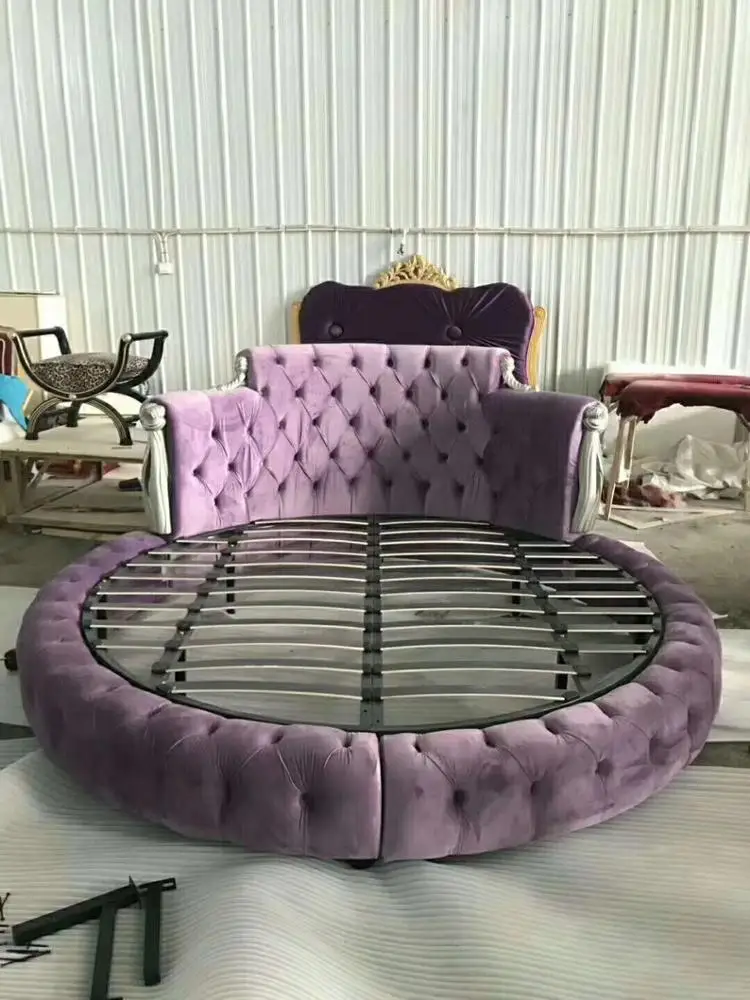 Round Size Modern Round Platform Bed With Stylish Headboard In Velvet