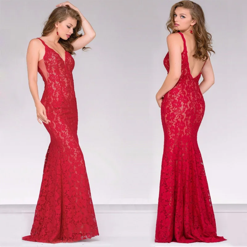 women sexy v-neck sling red lace long pencil dress