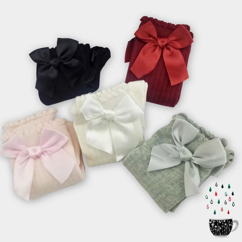 

BONYPONY high quality children kids elite cotton bow socks custom branding baby girls knee high socks with bow